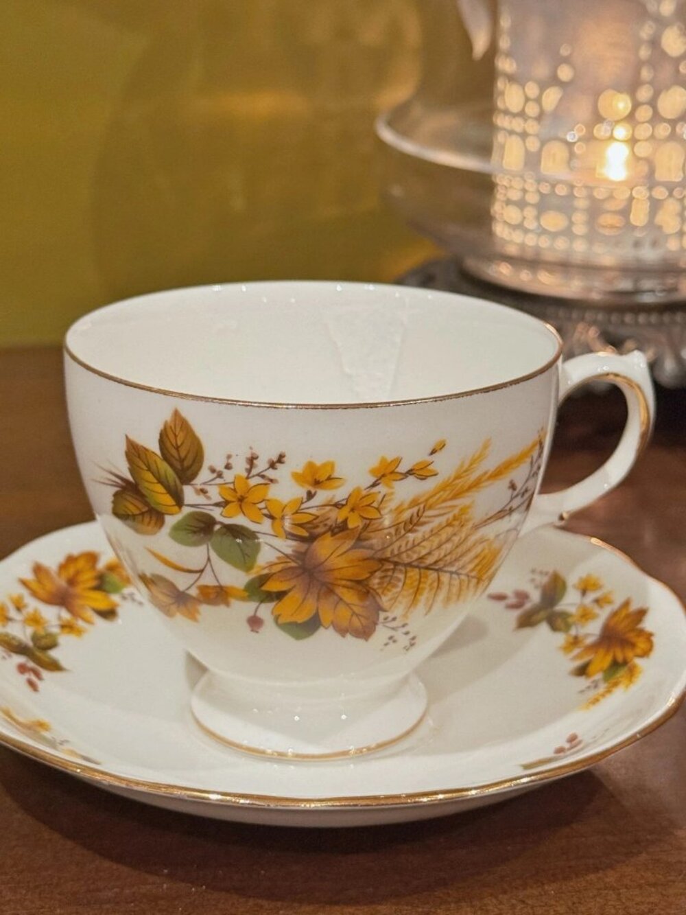 Vintage Queen Anne Autumn Leaf Teacup Saucer Bone China